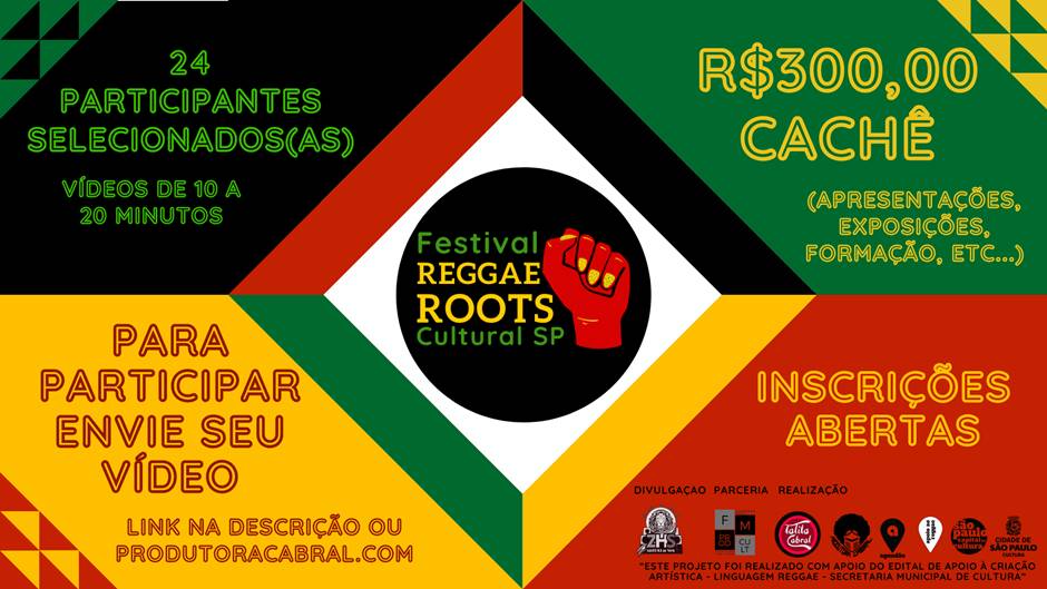 O Festival REGGAE ROOTS Cultural SP é 100% online, desde a inscrição até as apresentações, gratuito e inclui encontros virtuais de Mentoria para aconselhamento profissional dos(as) inscritos(as) selecionados(as).