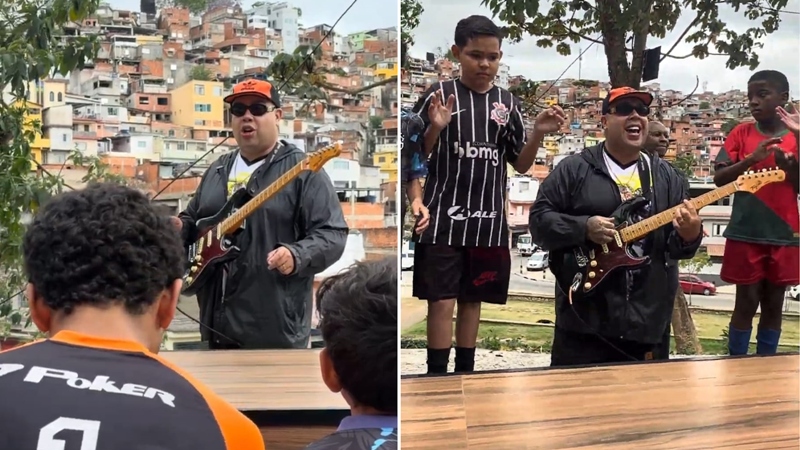  Zuza e uma turma de crianças que praticam futebol e aprendem um pouco de teoria musical (Crédito: Divulgação) 